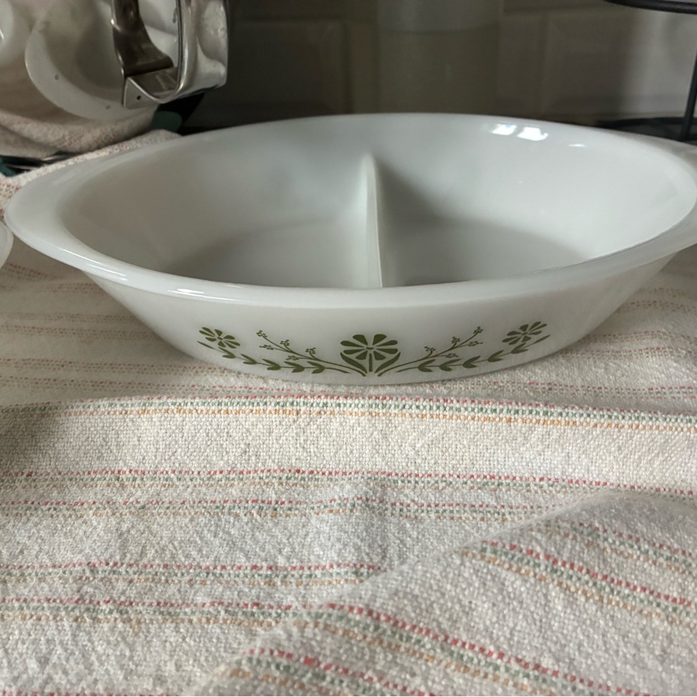 Pair of Vintage Glasbake Divided milkglass Serving Dish with Green Floral Design